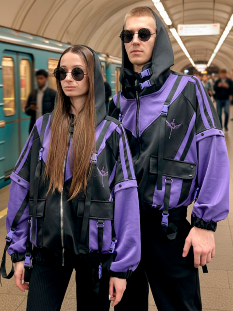 Кофта-бомбер оверсайз в стиле Cyberpunk с ремнями и карманами в Корейском стиле Хардзюку