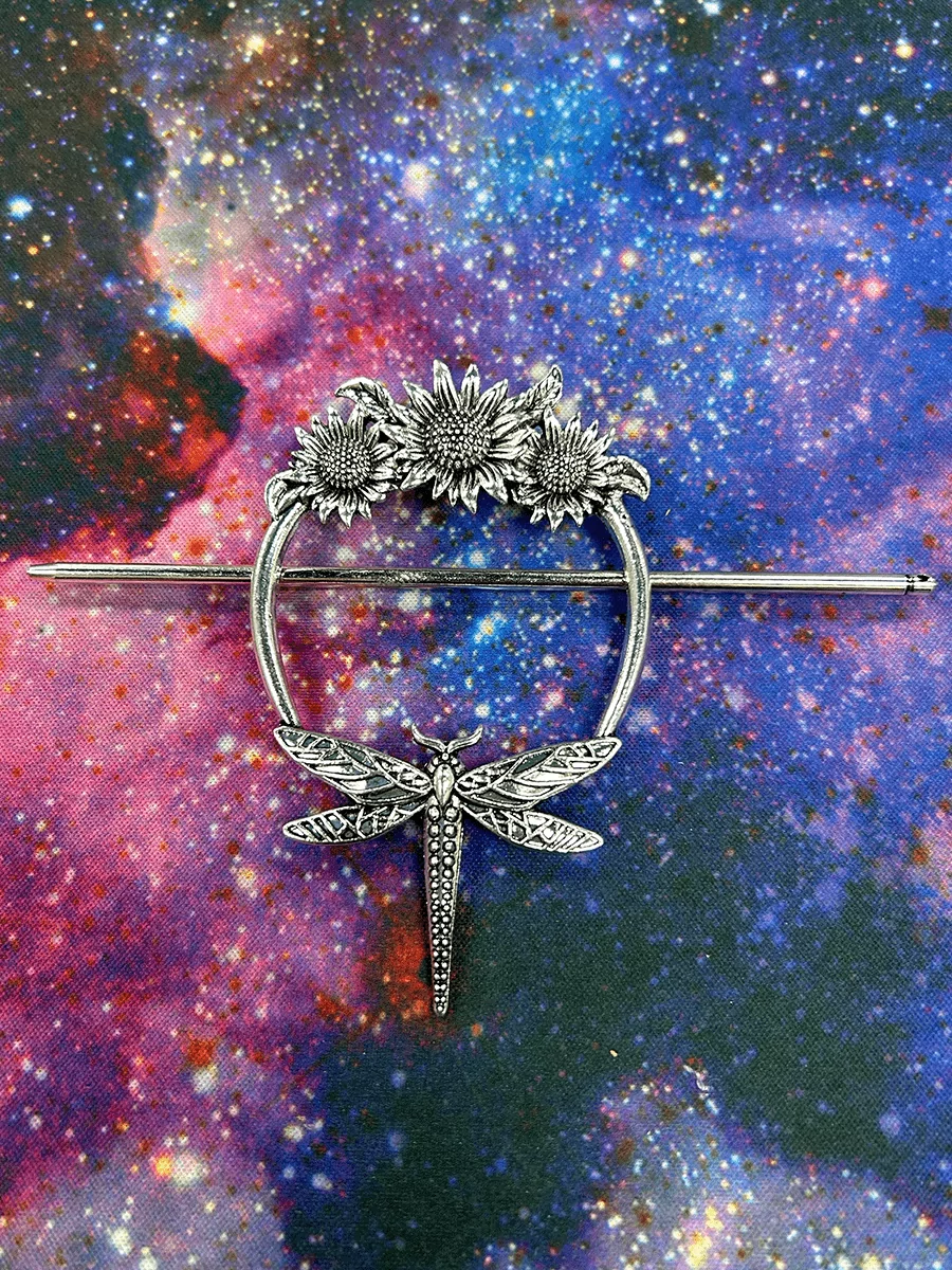 Кельтская заколка - фибула для волос Подсолнухи и стрекоза — изображение 11