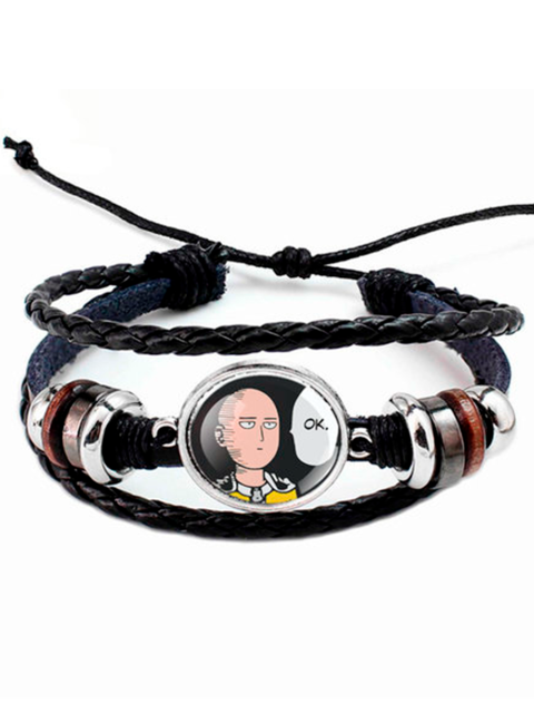 Браслет многослойный из экокожи с вставкой Сайтама из аниме One Punch Man Ванпанчмен